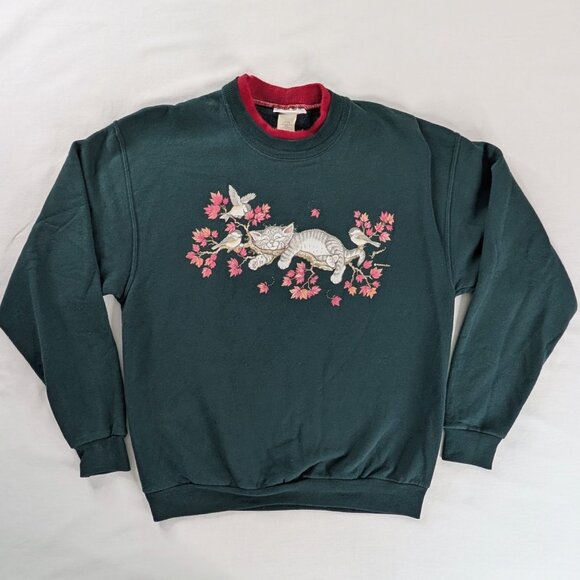 Vintage Tops - VTG Green Red Sleeping Kitten In Fall Leaves Autumn Crewneck Sweatshirt